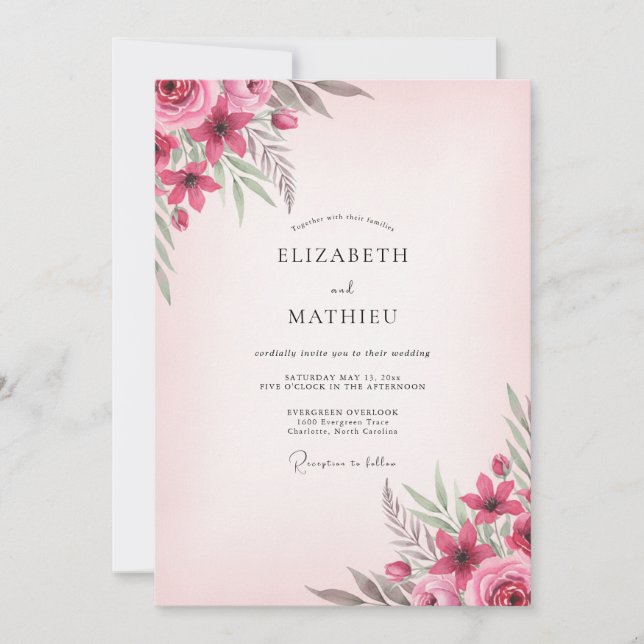 Convite Casamento de Peônia Raspberry Blush (Frente)