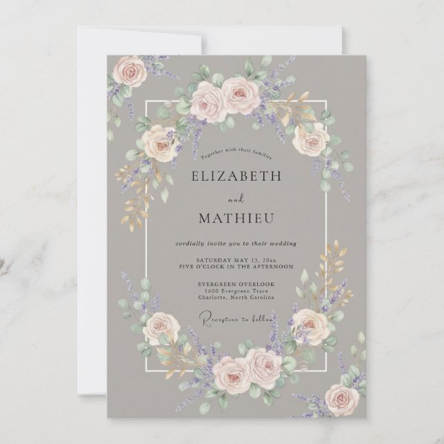 Convite Casamento de Peônia Rosa Bege Taupe (Frente)