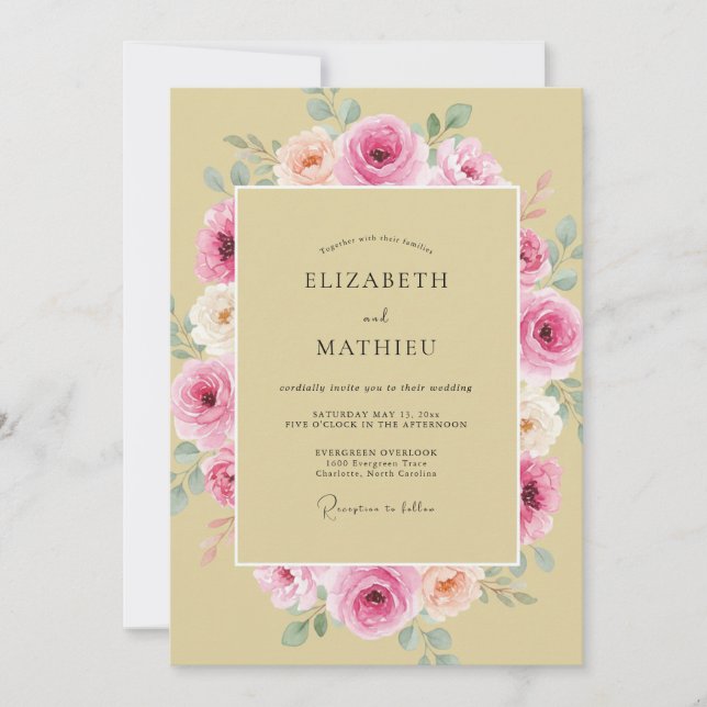 Convite Casamento de Peônia Rosa Champanhe (Frente)