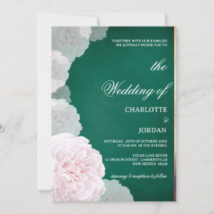 Convite Casamento de Peônia Rosa e Verde Esmeralda