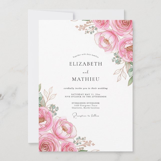 Convite Casamento de Peônia Rosa Elegante (Frente)