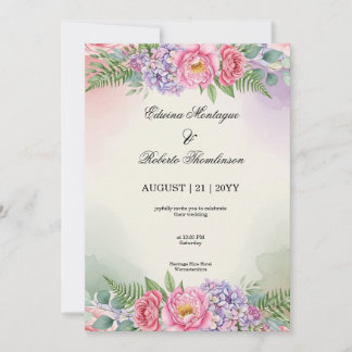 Convite Casamento de Peônia Rosa Hidrangeia Roxa em Aquare