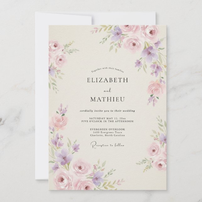 Convite Casamento de Peônia Rosa Lilás (Frente)
