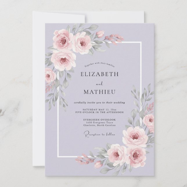 Convite Casamento de Peônia Rosa Lilás (Frente)