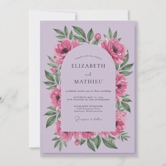 Convite Casamento de Peônia Rosa Lilás (Frente)