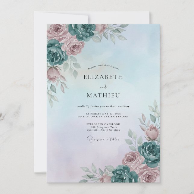 Convite Casamento de Peônia Rosa Malva Água Pó (Frente)