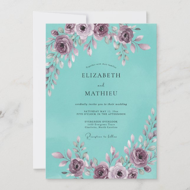 Convite Casamento de Peônia Rosa Malva Aqua (Frente)
