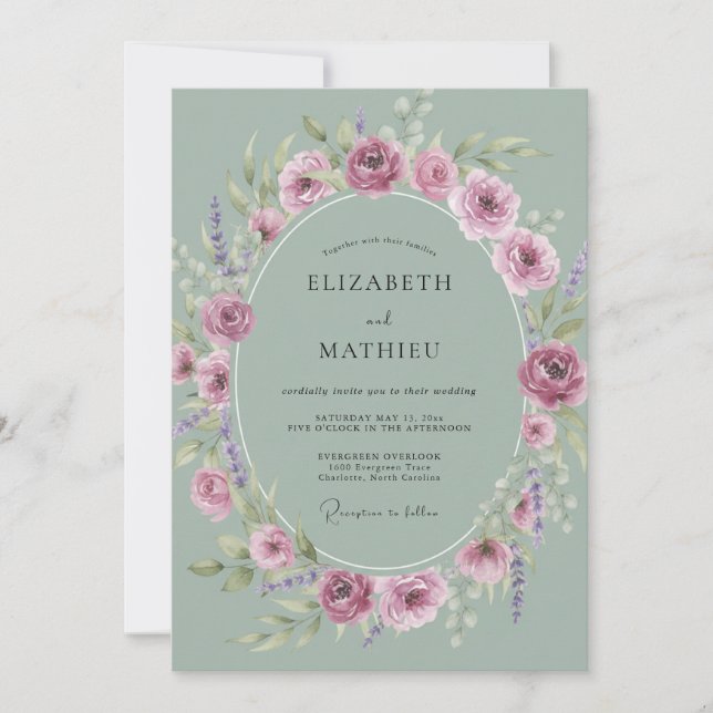 Convite Casamento de Peônia Rosa Malva Celadon Soft (Frente)
