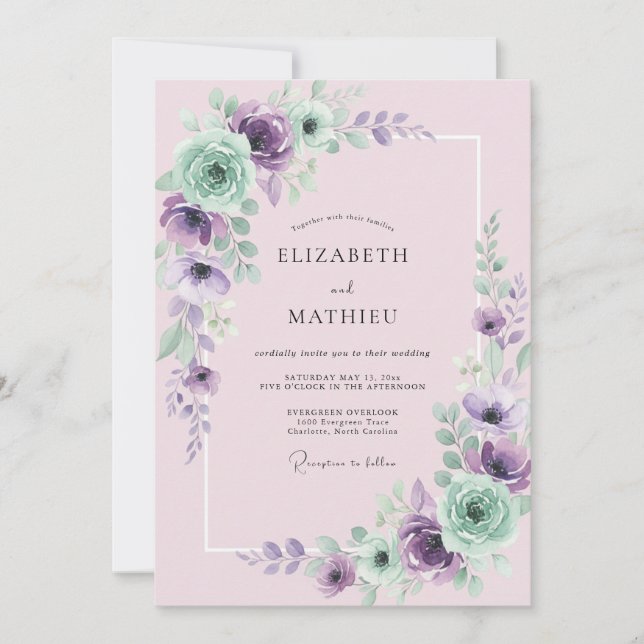 Convite Casamento de Peônia Rosa-Malva e Hortelã (Frente)