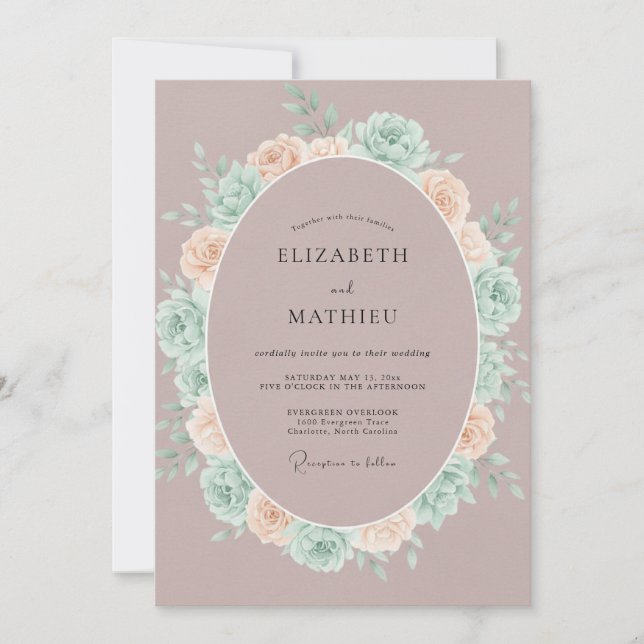 Convite Casamento de Peônia Rosa-Mint Empoeirado (Frente)