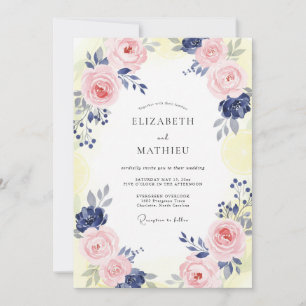 Convite Casamento de Peônia Rosa Pálido Marinho