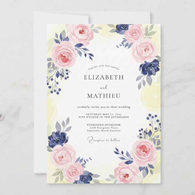 Convite Casamento de Peônia Rosa Pálido Marinho (Frente)