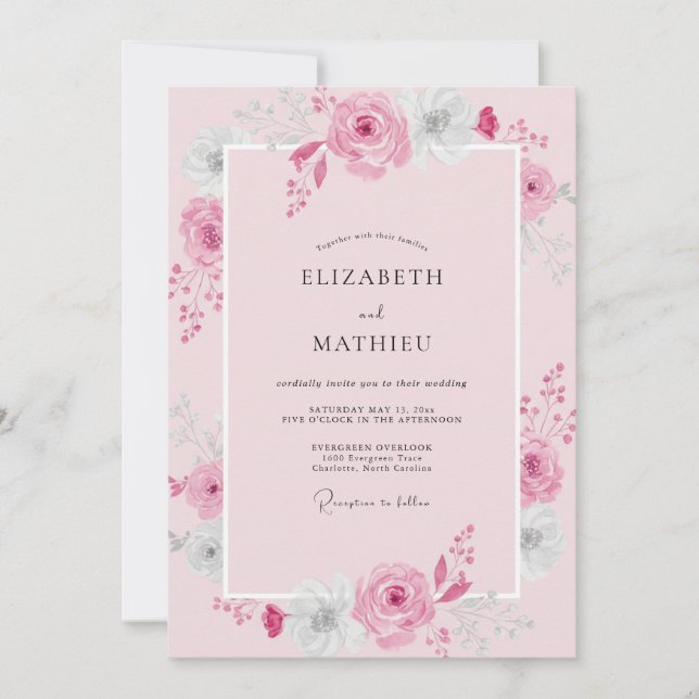 Convite Casamento de Peônia Rosa Pastel (Frente)