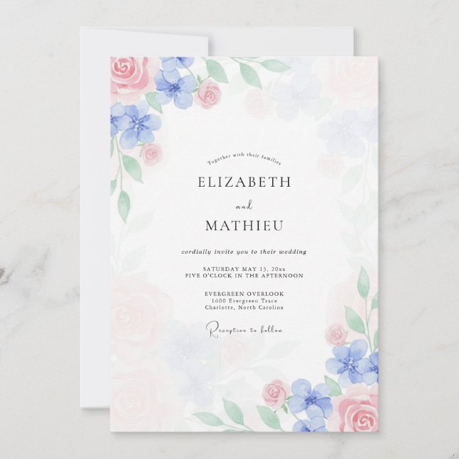 Convite Casamento de Peônia Rosa Pétala de Periwinkle (Frente)
