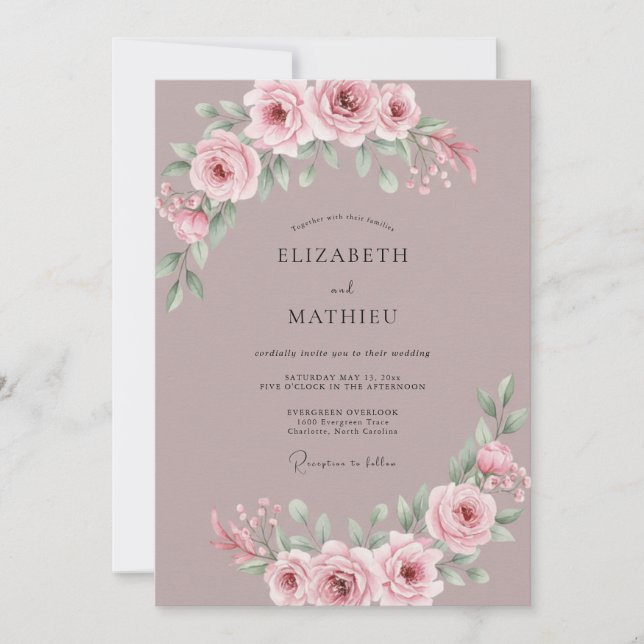 Convite Casamento de Peônia Rosa Poeira Macia (Frente)