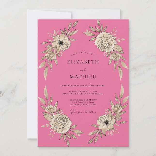 Convite Casamento de Peônia Rosa Quente (Frente)