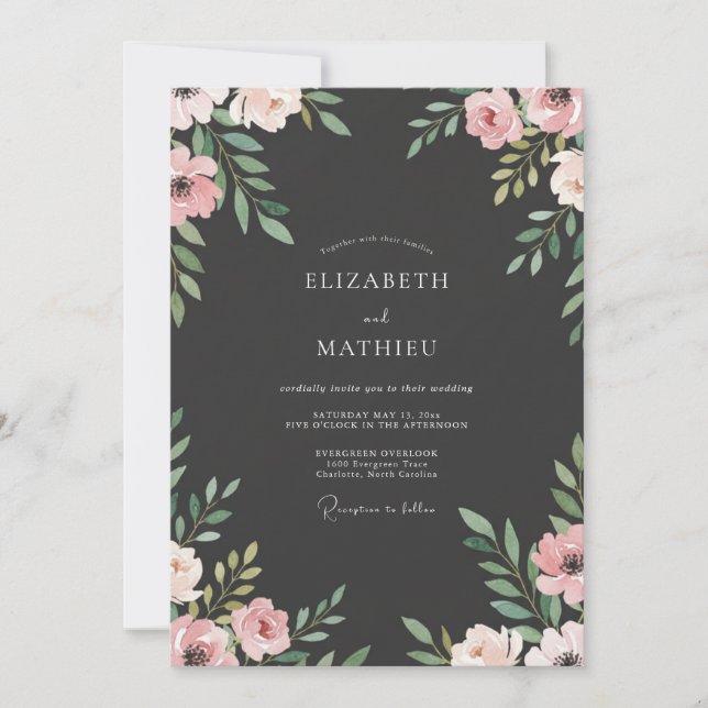 Convite Casamento de Peônia Rosa Slate Blush (Frente)