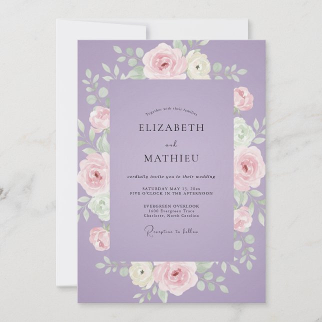 Convite Casamento de Peônia Rosa Suave Lilás (Frente)