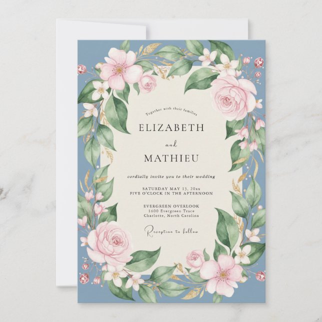 Convite Casamento de Peônia Rosa Suave Slate (Frente)