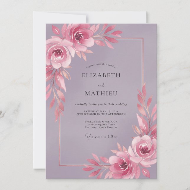 Convite Casamento de Peônia Rosa Vintage (Frente)