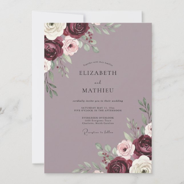Convite Casamento de Peônia Roxa-Malva (Frente)