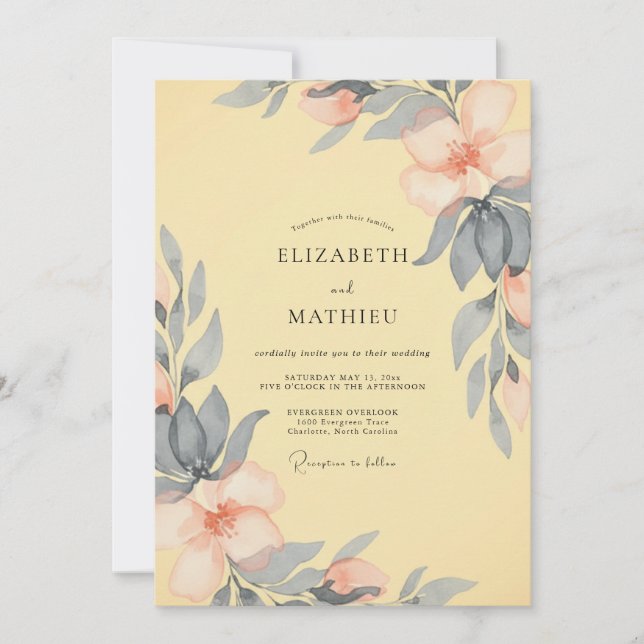 Convite Casamento de Peônia Slate Manteiga (Frente)