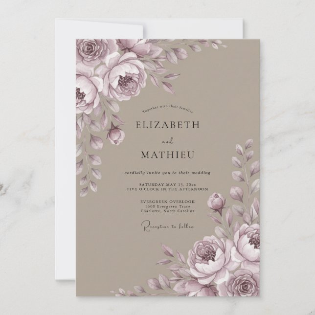 Convite Casamento de Peônia Taupe Rosa Malva (Frente)