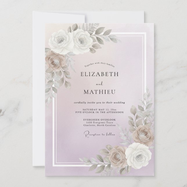Convite Casamento de Peônia Taupe Rosa Suave (Frente)