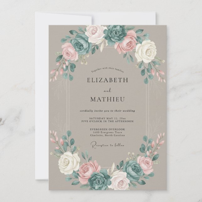Convite Casamento de Peônia Taupe Silenciada (Frente)