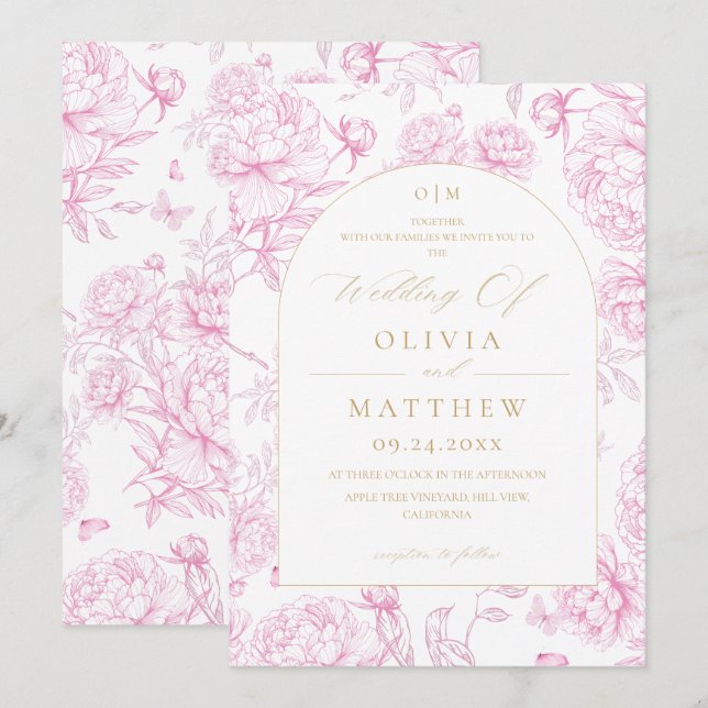 Convite Casamento de Peônia Toile Francesa  (Frente/Verso)
