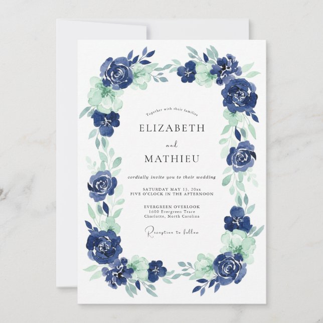 Convite Casamento de Peônia Verde-Mint Índigo (Frente)