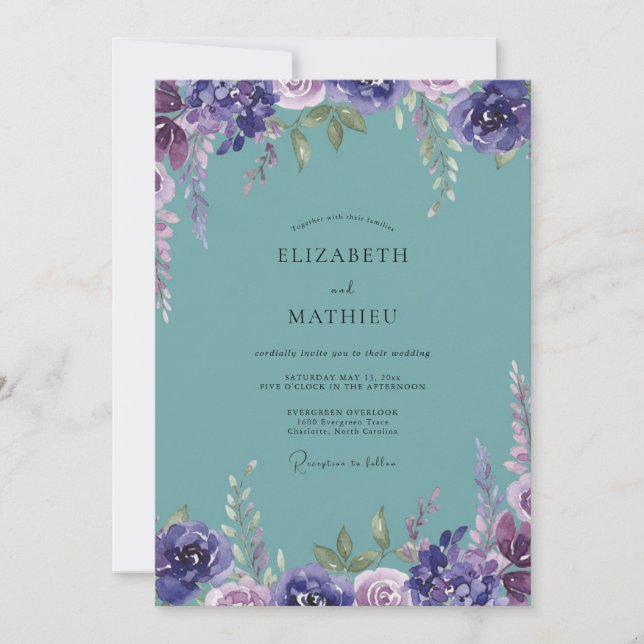 Convite Casamento de Peônia Violeta Aqua (Frente)