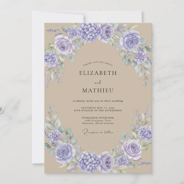 Convite Casamento de Peônia Violeta Bege (Frente)