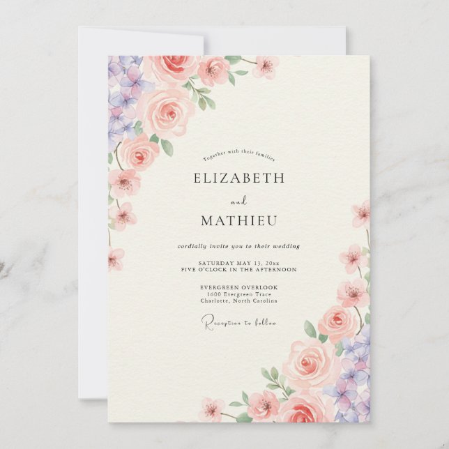 Convite Casamento de Peônia Violeta Blush (Frente)