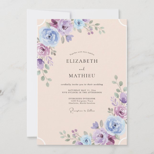 Convite Casamento de Peônia Violeta Champagne (Frente)
