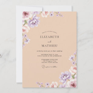 Convite Casamento de Peônia Violeta Champagne Dourado