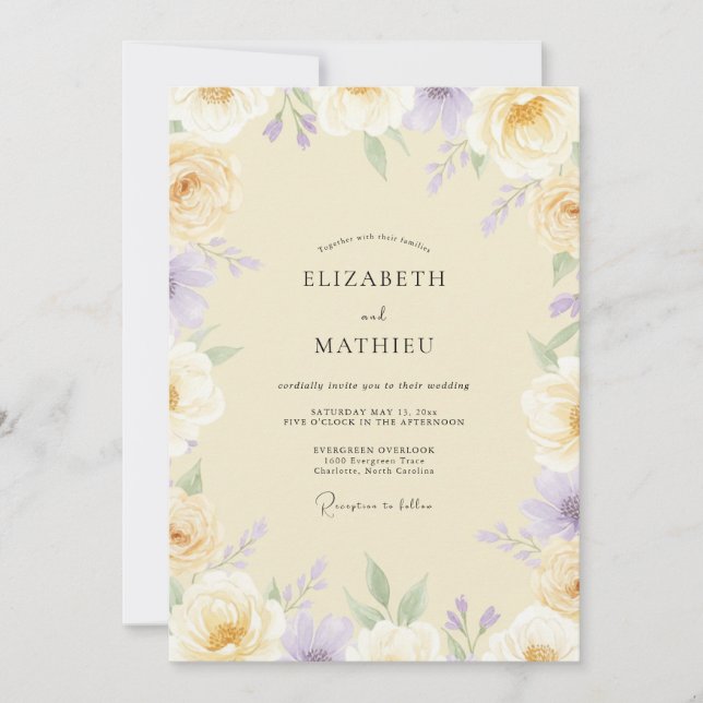Convite Casamento de Peônia Violeta Creme (Frente)