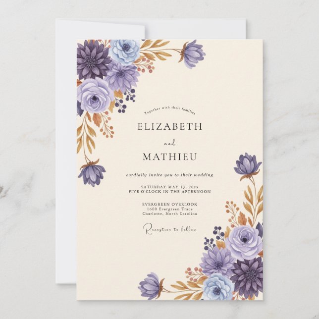 Convite Casamento de Peônia Violeta Dourada (Frente)