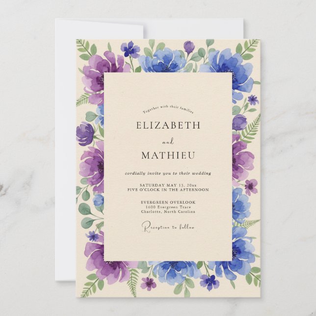 Convite Casamento de Peônia Violeta Índigo (Frente)