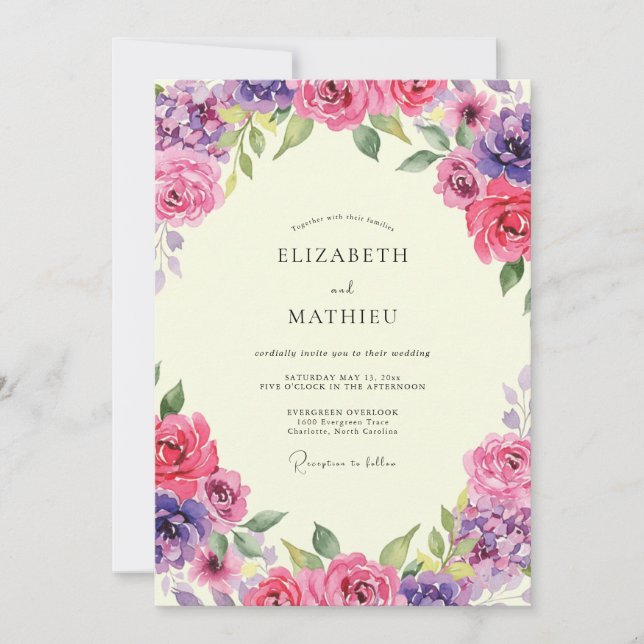 Convite Casamento de Peônia Violeta Magenta (Frente)