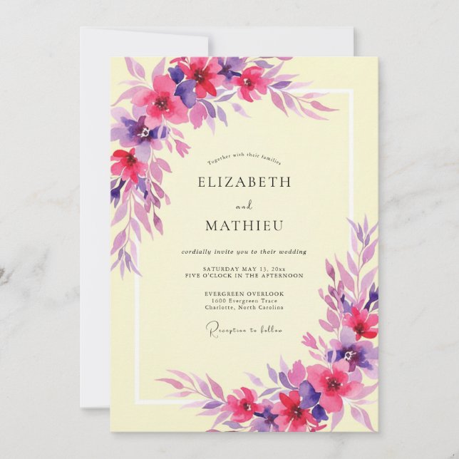 Convite Casamento de Peônia Violeta Magenta Etéreo (Frente)