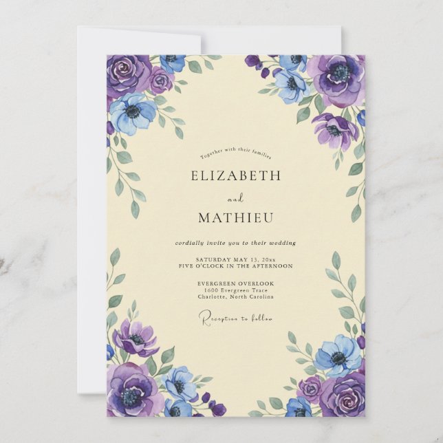 Convite Casamento de Peônia Violeta Periwinkle (Frente)