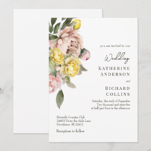 Convite Casamento de Peônias Amarelas e Rosas com Aquarela