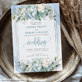 Convite Casamento de Pêonias Brancas de Silva Azul Elegant