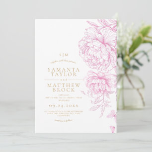 Convite Casamento de Peônias Cor-de-Rosa Minimalista Moder