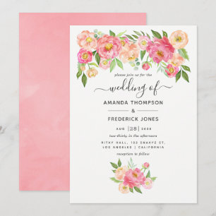 Convite Casamento de Peônias em Aquarela Rosa Pastel