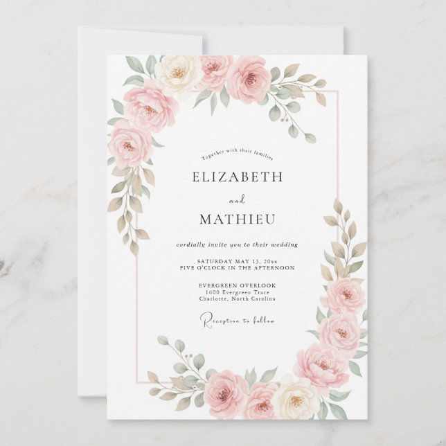 Convite Casamento de Peônias Eucalipto Creme Rosado (Frente)