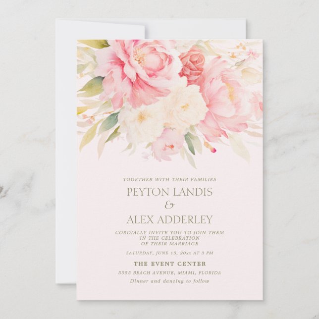 Convite Casamento de Peônias Florais em Aquarela Pink Ivor (Frente)