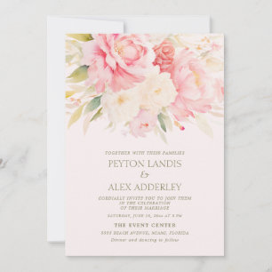 Convite Casamento de Peônias Florais em Aquarela Pink Ivor