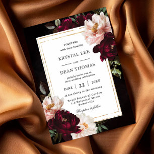 Convite Casamento de Peônias Florais Preto Temperamental B